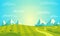 Vector Landscape with Sunny Field and Mountains . Rural Farm Scenery Illustration.