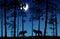 Vector landscape of two wolves in a forest at night with dark bl