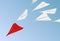 Vector leadership themed illustration with white paper planes following red
