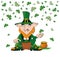 Vector leprechaun on stump with a pot of gold coins under the falling shamrocks.