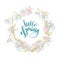 Vector lettering Hello Spring hand drawn floral background flowers frame.