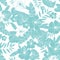 Vector light blue drawing tropical summer hawaiian seamless pattern with tropical plants, leaves, and hibiscus flowers