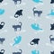 Vector light blue spaced out rows mystery cat pen sketch seamless pattern with fish bones background. Perfect for fabric
