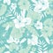 Vector light green and blue tropical summer hawaiian seamless pattern with tropical plants, leaves, and hibiscus flowers