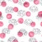 Vector lilies contours with pink watercolor circles seamless pattern on white background. Vintage floral design.