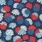 Vector lilies seamless pattern in white, red and blue colors on dark navy background. Vintage floral design.