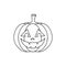 Vector line art pumpkin with smiling face in simple style. Cartoon halloween pumpkin icon. Isolated vegetable silhouette for