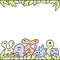 Vector line drawing. Doodle illustration. Cute monsters peek out of the leaves. Poster template, greeting card, birthday