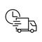 Vector line icon delivery truck with clock. Symbol shipping business and outline sign transportation order. Line service cargo and