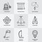 Vector line icon of pendulum types. Newton cradle, metronome, table pendulum, perpetuum mobile, gyroscope. Linear pictogram for s