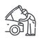 Vector line icon of a service inspection station and a Auto Mechanic under the car hood