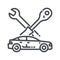Vector line icon of a service repair tools wrench and a car side view isolated
