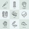 Vector line icons of cricket sport game. Ball, bat, wicket, helmet, batsman gloves. Linear signs set, championship