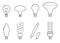 Vector line illustration of main electric lighting types: incandescent light bulb, halogen lamp, cfl and led lamp. Flat