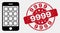 Vector Line Mobile Phone Icon and Scratched 9999 Stamp