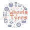 Vector line round banner of wheels and tyres