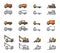 Vector linear art icon set of special trucks for construction, building, transportation, logistics, repair. Color and black and