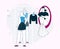 Vector linear character illustration of Woman buys clothes with fashion stylist