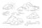 Vector linear clouds. Set of isolated contour images of clouds, wind and storm eddy. Outline vector illustration