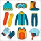 Vector linear snowboard equipment colored icons set. Winter sport activities icons in flat style.
