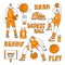 Vector lined set of basketball - basketball players, basket, ball, sneakers. Vector sport collection in modern doodle