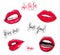 Vector lips stickers. Fashion glamour pink lips labels. Beautiful set with oh la la tag, kiss me quote, xoxo text