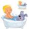 Vector little baby taking a bath with his dog and sprinkling water on it