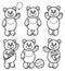 Vector little bears cartoons, black silhouettes. Cute Teddies for kids coloring.