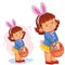 Vector little girl with bunny ears and a basket for hunting for Easter eggs
