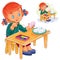 Vector little girl coloring Easter eggs with colorful paints.
