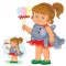 Vector little girl holding in one hand decorative Easter eggs on sticks, and in another teddy bear.