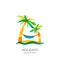 Vector logo design template. Abstract colorful island, palms and hammock on seaside.