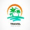 Vector logo design template. Abstract sun and palm tree on seaside. Concept for travel agency, tropical resort, beach hotel, spa.