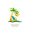 Vector logo design template. Colorful island, palms and beach chair on seaside.