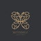 Vector logo or emblem with golden butterfly. Concept for luxury jewelry, accessories store, beauty spa salon, cosmetics.