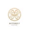 Vector logo or emblem with golden butterfly. Concept for luxury jewelry, accessories store, beauty spa salon, cosmetics.