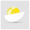 Vector logo a half white protein egg with yellow planet Earth in form of egg yolk on light gray background with copy-space for you
