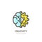 Vector logo icon, emblem with brain and gear cog. Concept for business startup, development, innovation, creativity.