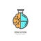 Vector logo icon, emblem with brain and lab flask. Concept for business development, education, science and creativity.