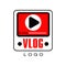 Vector logo for information video channel or vlog. Creative emblem with screen, play button and timeline. Live stream