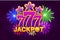 Vector LOGO JACKPOT and 777. Shooting colored stars and firework. Game banner