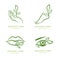 Vector logo, label, emblem set. Female hand, foot, eye, lips with green leaves, .