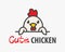 Vector Logo of Ñute funny smiling cartoon chicken. Modern humorous logo template with image of the rooster. Poultry farm logo.