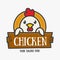 Vector Logo of Ñute funny smiling cartoon chicken. Modern humorous logo template with image of the rooster. Poultry farm logo..