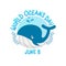 Vector of logo for world ocean day with whale spray water in circle.  world ocean day on June 8