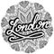 Vector london illustration on mandala background. Retro typography design. Handwritten illustration.