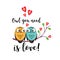 Vector love couple owls with hearts on a tree branch. An insulated design white background for Valentine s day