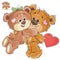 Vector loving brown teddy bear hides behind his back a valentine, and his girlfriend hugs him by the neck