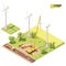 Vector low poly wind turbines farm construction