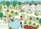 Vector Luxembourg garden in Paris landscape illustration with people and animals. French capital city park scene with palace,